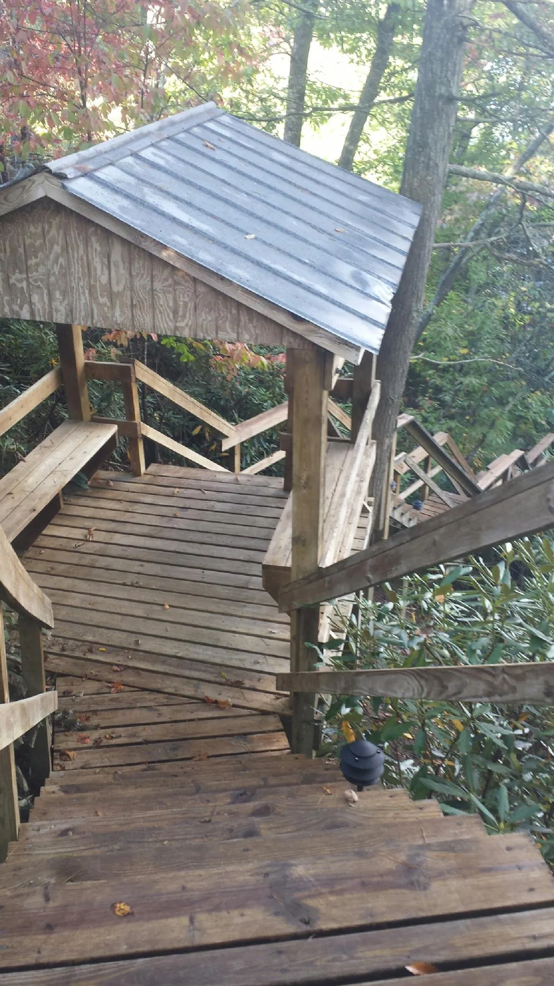Metal roofed shelter over wooden steps on a wooded walkway — Skylight Repair & Installation work by our crew in Stewartville